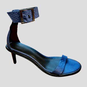 $545 Tibi Blue Snakeskin Leather Strap Sandals Kitten Heels Size 38.5 / US 8.5